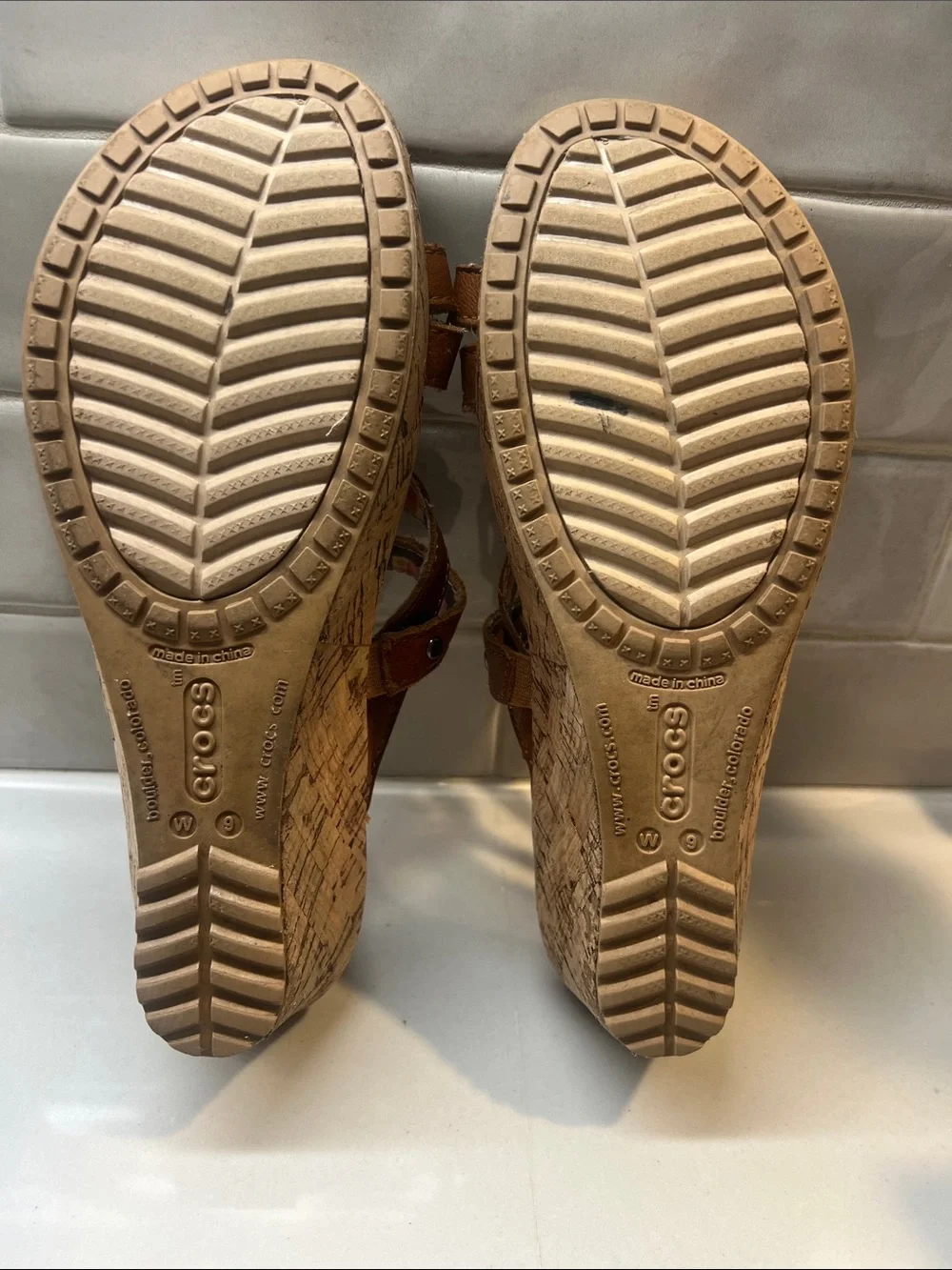 CROCS Brown A-Leigh Cork Wedge Slide Sandals with Cross Straps Size 9